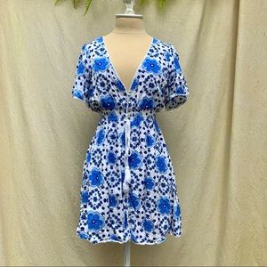 Blue & White Bold Floral Boho Summer Mini Dress